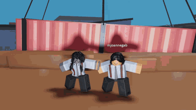 two roblox characters are dancing in front of a red and white striped wall with the name mjoannegab on it