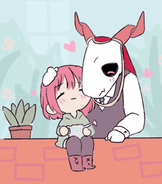 a cartoon drawing of a dog kissing a girl on the cheek