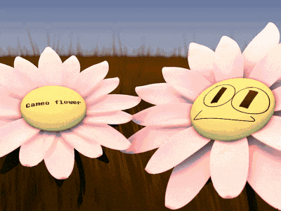 a cartoon drawing of two flowers with cameo flower written on the center