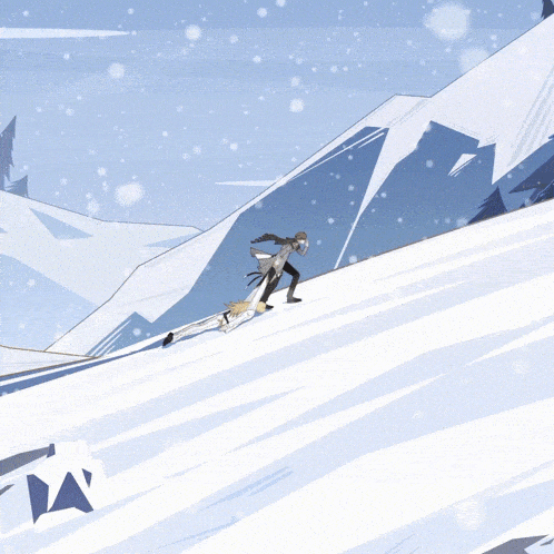 a cartoon of a person walking up a snow covered mountain
