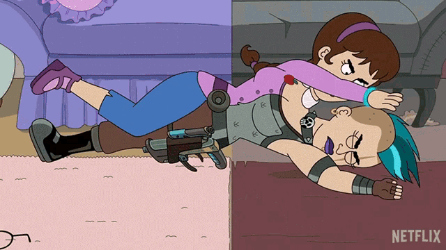 a cartoon of a girl hugging another girl with a netflix logo on the bottom right