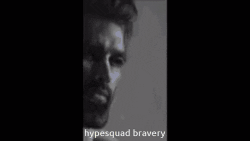 a man with a beard is smiling in a black and white photo with the words hypesquad bravery .