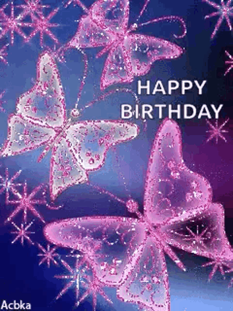 a happy birthday card with three pink butterflies on a purple background