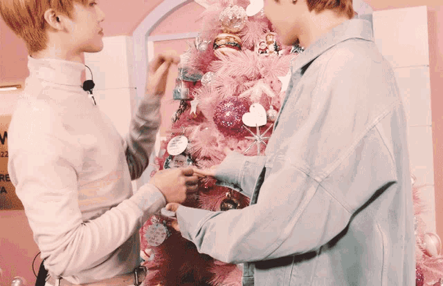 two men are standing in front of a pink christmas tree holding hands