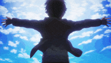 a man with his arms outstretched in front of a blue sky with clouds