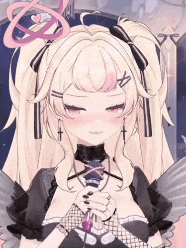a girl with blonde hair and a choker with a cross