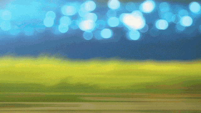 a blurry picture of a field with a blue sky