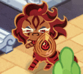 a cartoon character with red hair is holding a shield in his mouth .