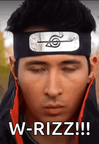 a man wearing a headband with a naruto symbol on it and the words `` w-rizz !!! '' .
