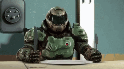 a video game character is sitting at a table with a knife and fork in his hand .
