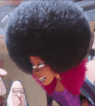 a close up of a cartoon character with a big afro