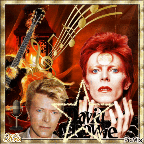 a picture of david bowie with a guitar and music notes behind him