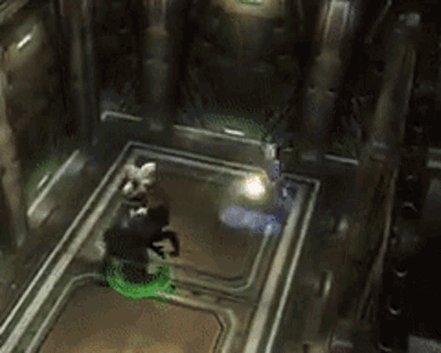 a video game is being played in a room with a glowing light