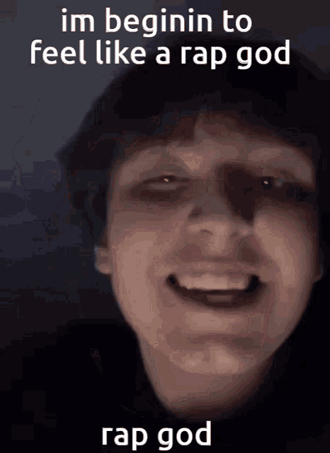 a picture of a person with a caption that says " im beginin to feel like a rap god rap god "