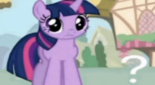twilight sparkle from my little pony is standing with a question mark in front of her