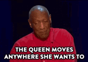 a man in a red shirt is talking about the queen moves anywhere she wants to