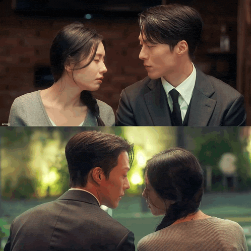 a man and a woman are looking into each other 's eyes in a collage