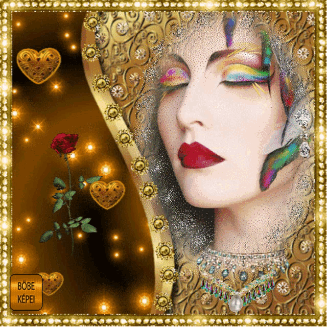 a painting of a woman 's face with hearts and a rose in the background