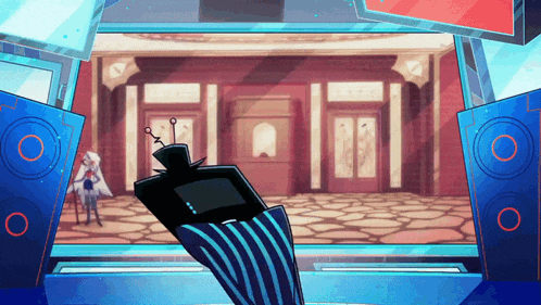 a cartoon drawing of a robot in front of a large building