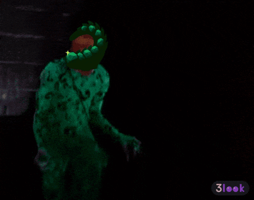 a drawing of a person in a green costume with a 3look sticker on the bottom right