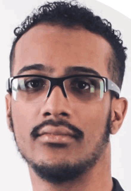 a man with a beard is wearing glasses and looking at the camera .