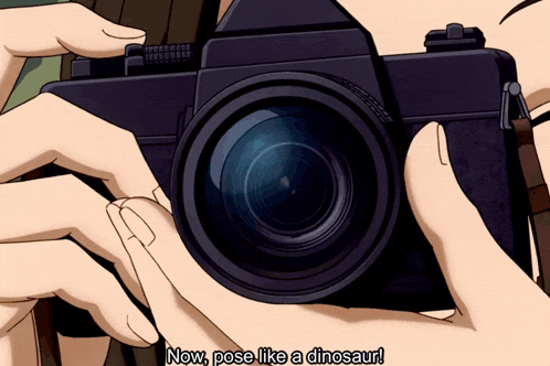 a person holding a camera with the words now pose like a dinosaur