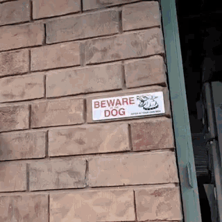 a sign on a brick wall says beware dog