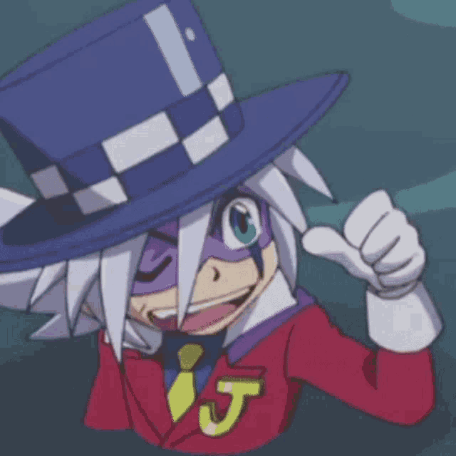 a cartoon character is wearing a top hat and gloves and has the letter j on his jacket