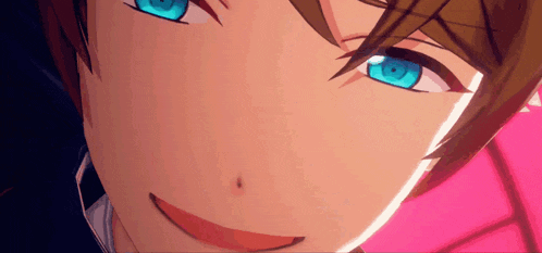 a close up of a person 's face with blue eyes and a pink background .