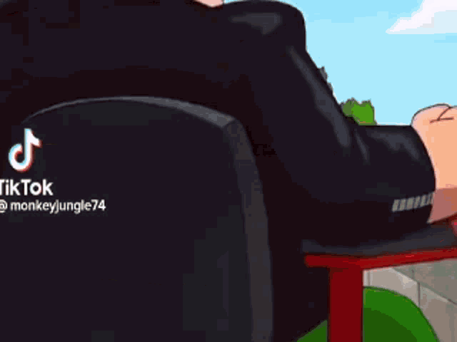 a cartoon character is sitting on a red chair with a backpack on .