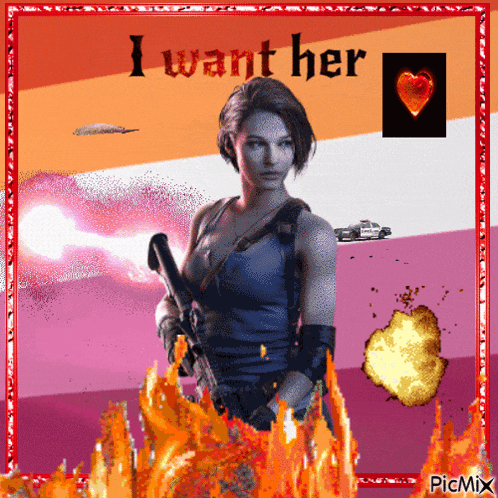 a picture of a woman holding a gun with the words " i want her " above her