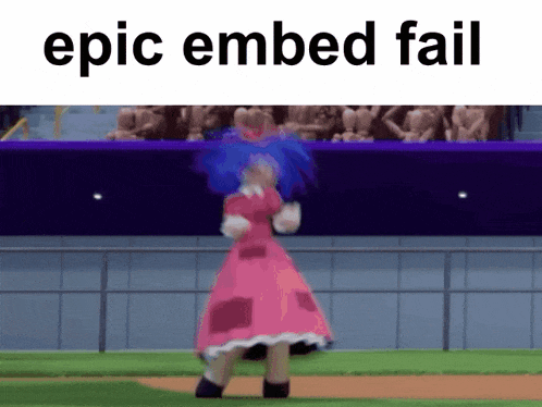 a girl in a pink dress dancing on a baseball field with the words epic embed fail above her
