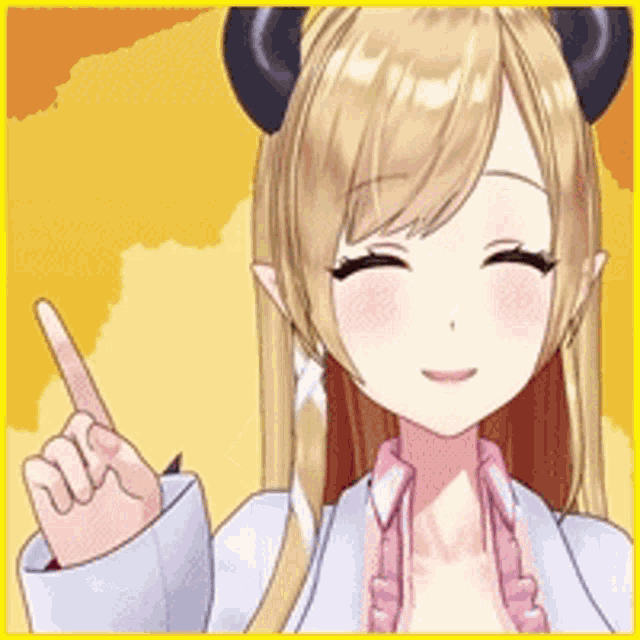 a girl with horns on her head is smiling and pointing up .
