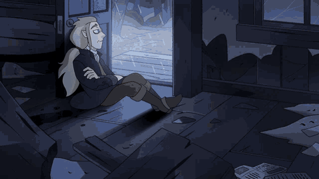 a cartoon drawing of a woman sitting in a dark room