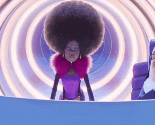a cartoon character with a large afro stands in front of a purple spiral