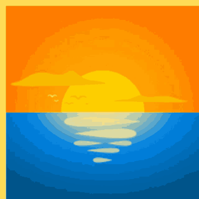 a sunset over a body of water with birds flying in the sky