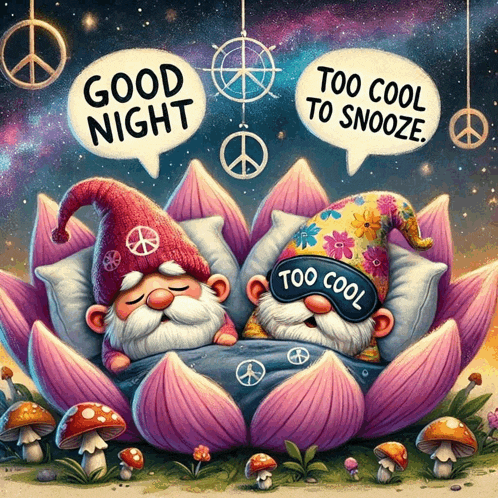 two gnomes are sleeping on a lotus flower with speech bubbles that say good night too cool to snooze