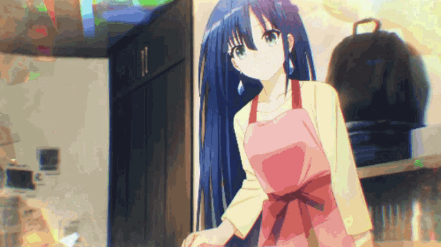 a girl with long blue hair wearing an apron