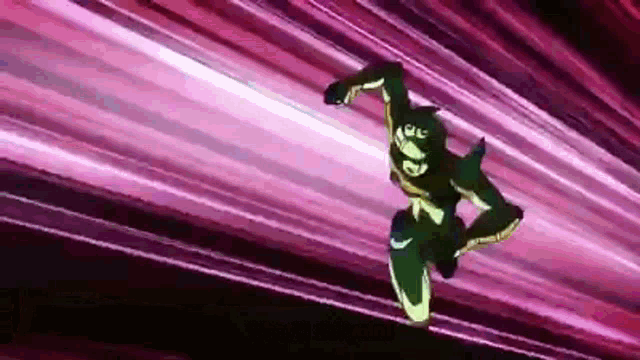 a cartoon character is jumping in the air with a pink background