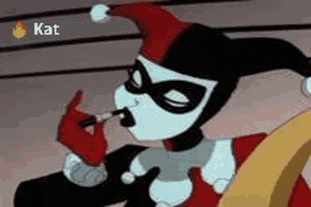 harley quinn is smoking a cigarette in a cartoon .