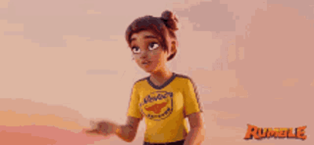 a cartoon girl wearing a yellow shirt that says rumble on it