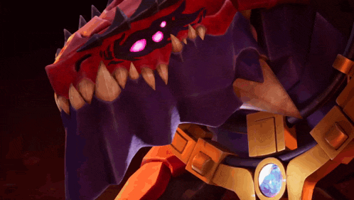 a close up of a red and purple dragon