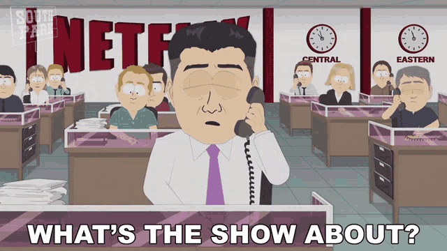 a cartoon of a man talking on a phone with what 's the show about written below him