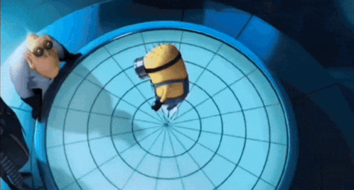 a cartoon character looking at a yellow minion on a circular surface