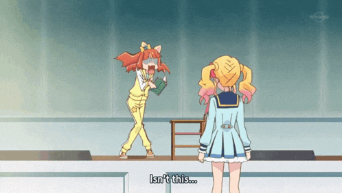 two anime girls are standing next to each other with one saying isn 't this
