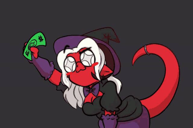 a drawing of a witch holding a dollar bill