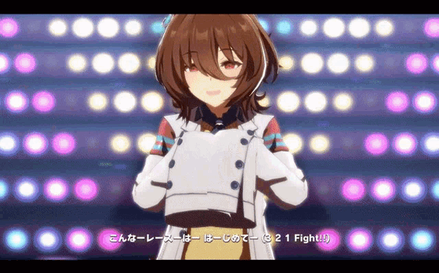 a girl in a white jacket is standing in front of a crowd of lights and says " 21 fight "