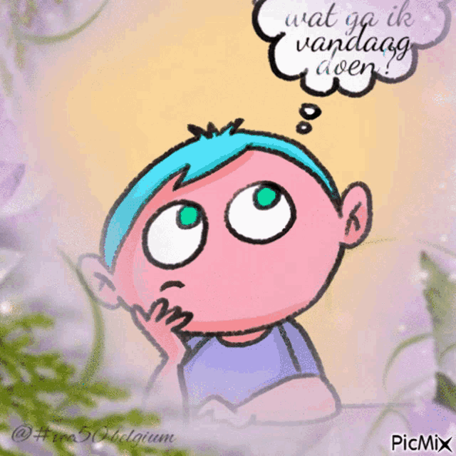 a cartoon drawing of a boy with a thought bubble saying wat ga ik vandaag doen