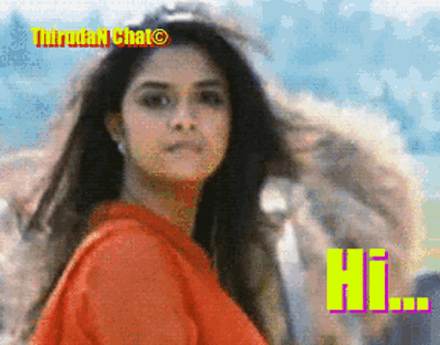a picture of a woman with the words hi on the bottom right