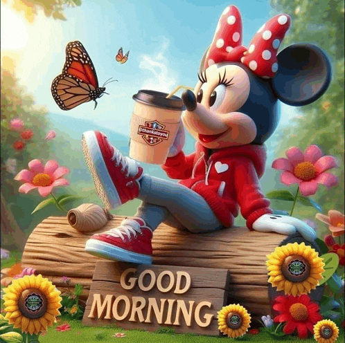 a picture of minnie mouse sitting on a log drinking a cup of coffee